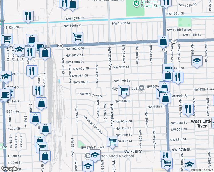 map of restaurants, bars, coffee shops, grocery stores, and more near 9580 Northwest 32nd Court in Miami