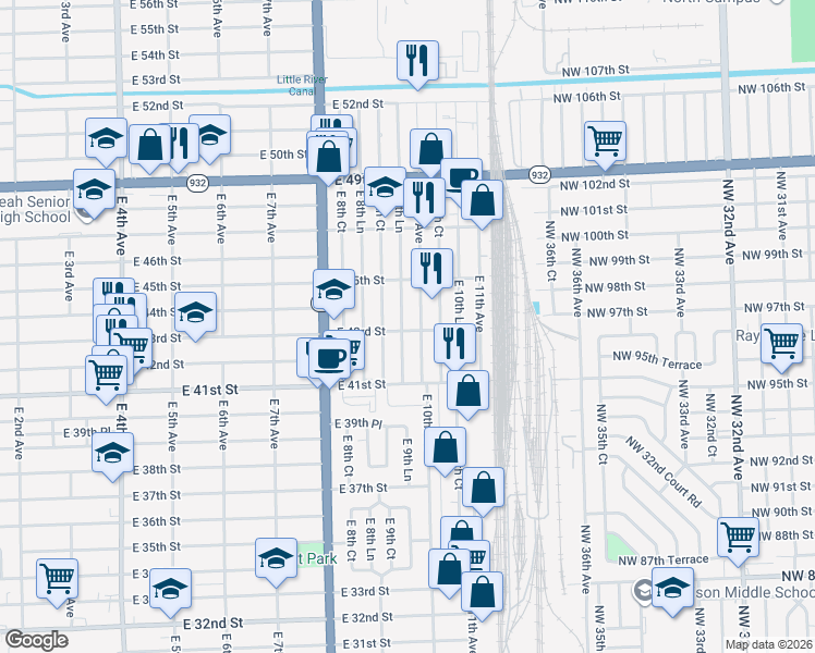 map of restaurants, bars, coffee shops, grocery stores, and more near 4243 East 9th Lane in Hialeah