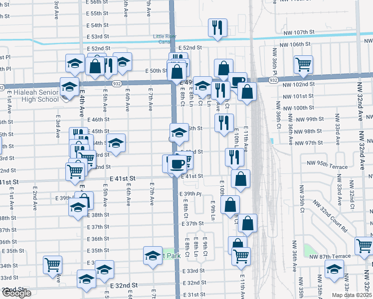 map of restaurants, bars, coffee shops, grocery stores, and more near 4265 East 8th Lane in Hialeah