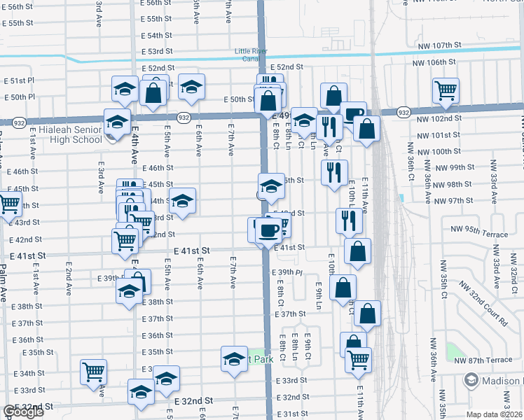 map of restaurants, bars, coffee shops, grocery stores, and more near 4265 East 8th Avenue in Hialeah