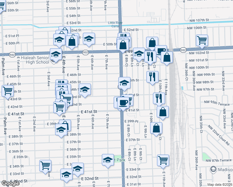 map of restaurants, bars, coffee shops, grocery stores, and more near 736 E 43rd St in Hialeah