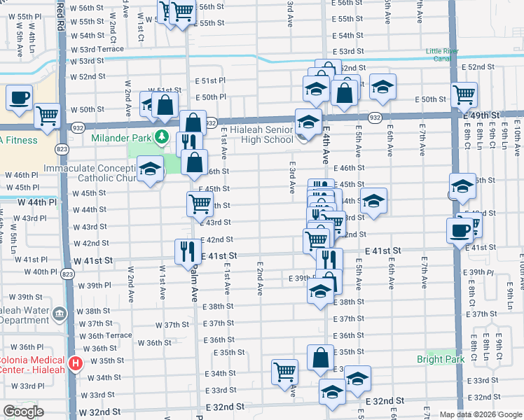 map of restaurants, bars, coffee shops, grocery stores, and more near 201 East 43rd Street in Hialeah