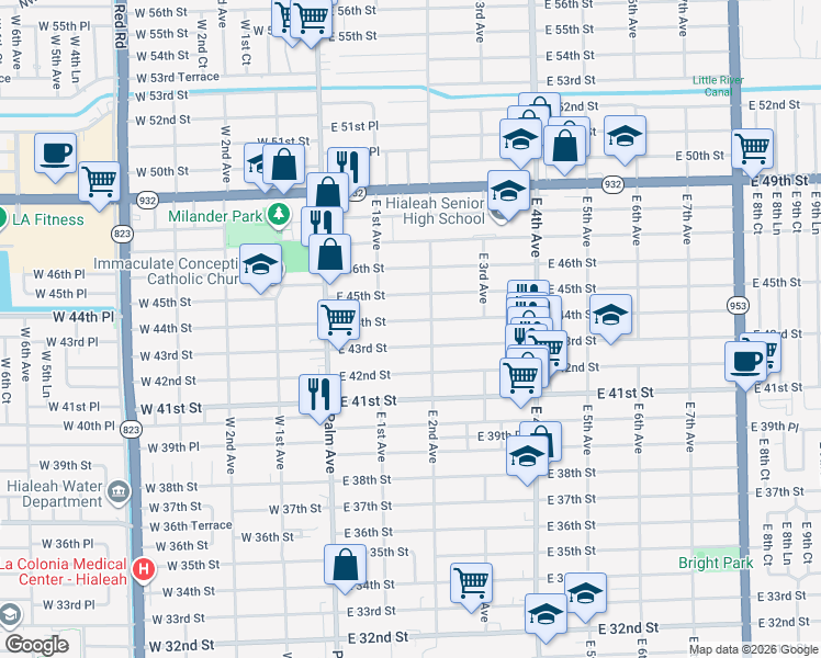 map of restaurants, bars, coffee shops, grocery stores, and more near 141 East 43rd Street in Hialeah