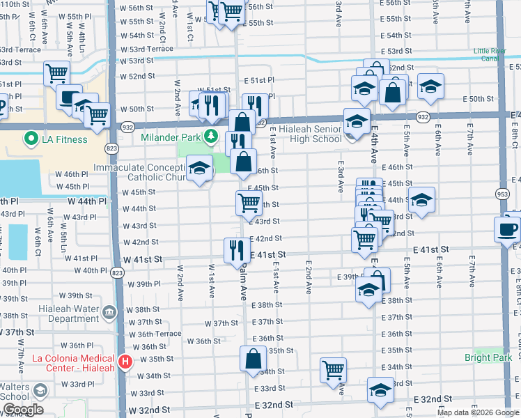 map of restaurants, bars, coffee shops, grocery stores, and more near 51 East 43rd Street in Hialeah