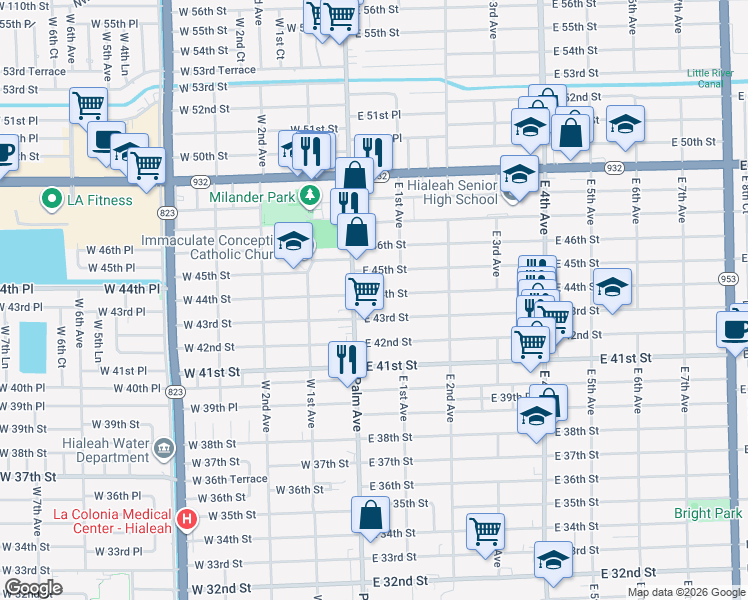 map of restaurants, bars, coffee shops, grocery stores, and more near 51 East 43rd Street in Hialeah