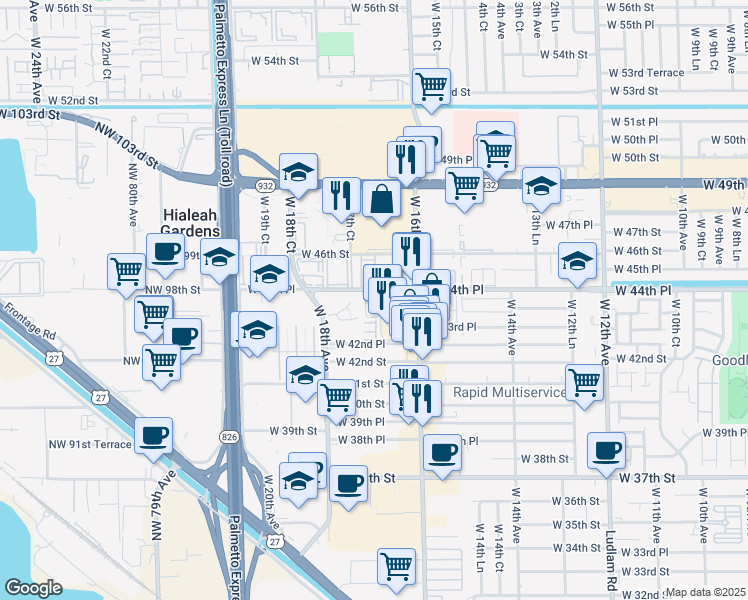 map of restaurants, bars, coffee shops, grocery stores, and more near 4410 West 44th Place in Hialeah