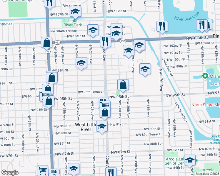 map of restaurants, bars, coffee shops, grocery stores, and more near 2165 Northwest 96th Street in Miami