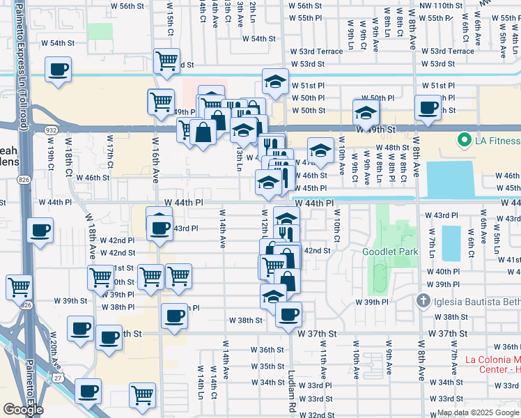 map of restaurants, bars, coffee shops, grocery stores, and more near 4390 West 12th Lane in Hialeah