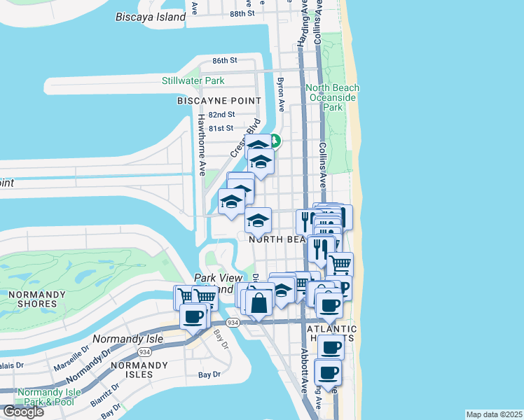 map of restaurants, bars, coffee shops, grocery stores, and more near 7620 Dickens Avenue in Miami Beach