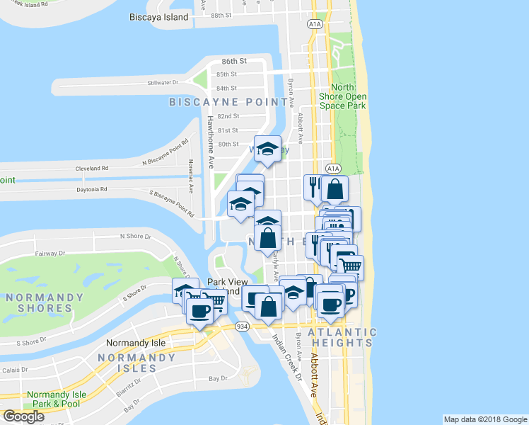 map of restaurants, bars, coffee shops, grocery stores, and more near 7620 Dickens Avenue in Miami Beach