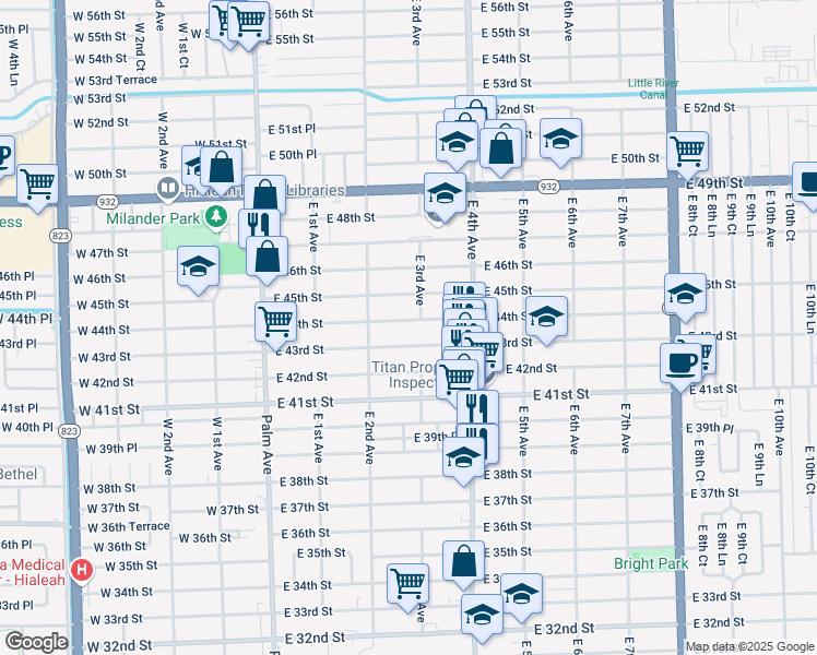 map of restaurants, bars, coffee shops, grocery stores, and more near 275 East 43rd Street in Hialeah