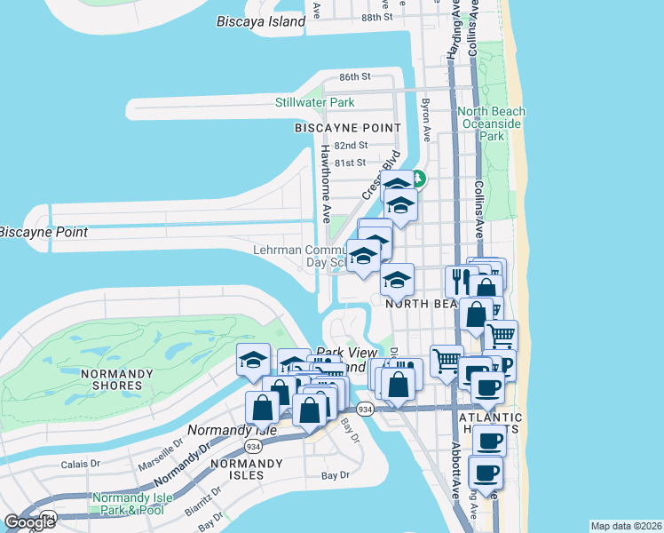 map of restaurants, bars, coffee shops, grocery stores, and more near 7620 Bayside Lane in Miami Beach
