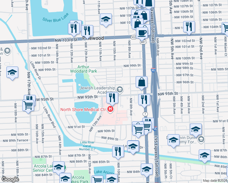 map of restaurants, bars, coffee shops, grocery stores, and more near in Pinewood