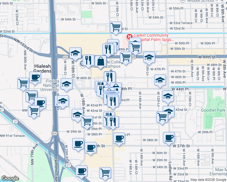 map of restaurants, bars, coffee shops, grocery stores, and more near 4363 West 16th Avenue in Hialeah