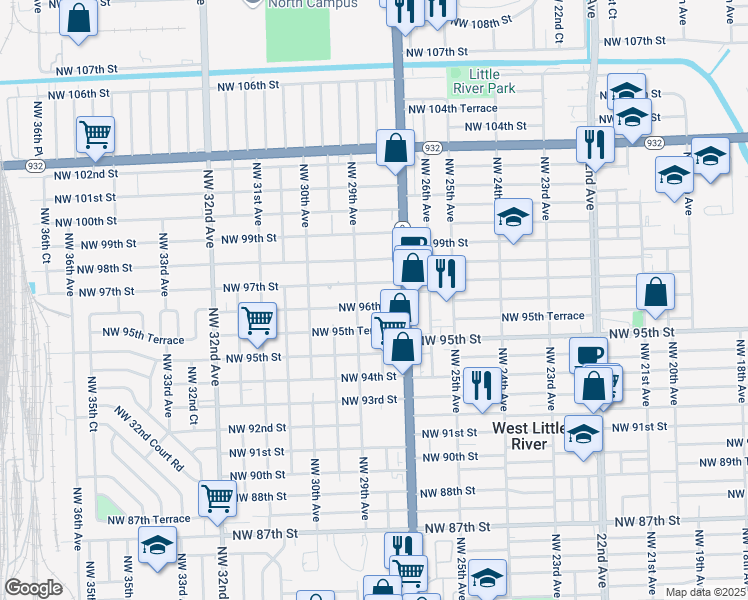 map of restaurants, bars, coffee shops, grocery stores, and more near 2831 Northwest 97th Street in Miami