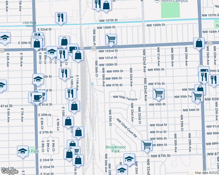 map of restaurants, bars, coffee shops, grocery stores, and more near 3554 Northwest 97th Street in Miami