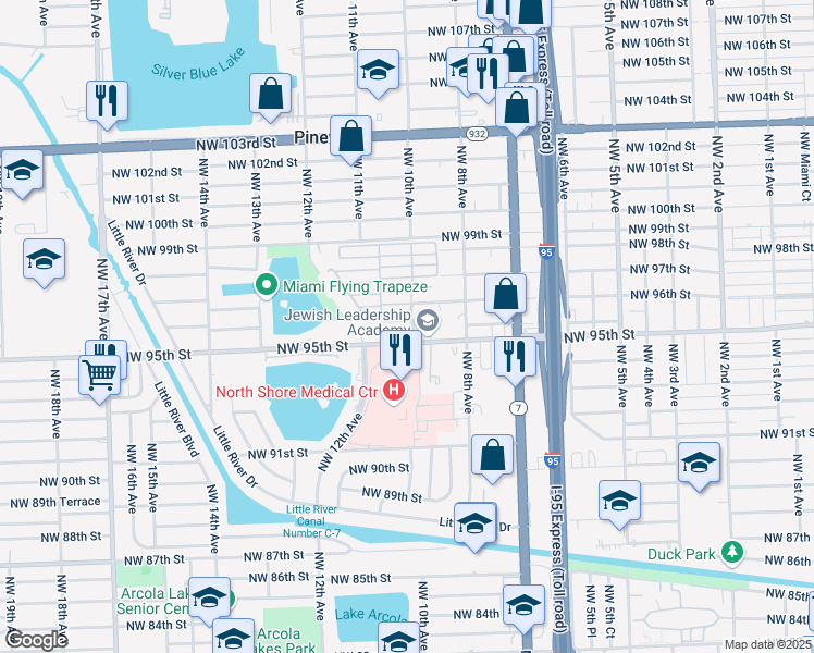 map of restaurants, bars, coffee shops, grocery stores, and more near 1000 Northwest 95th Terrace in Miami