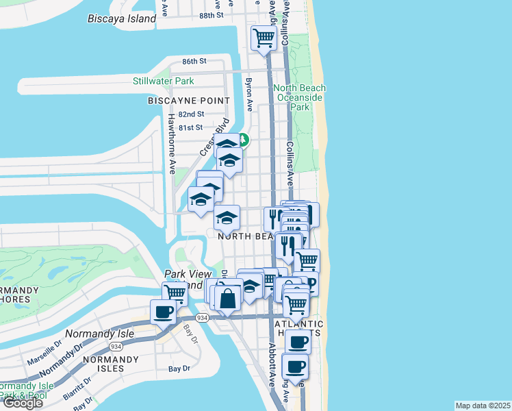 map of restaurants, bars, coffee shops, grocery stores, and more near 7742 Byron Avenue in Miami Beach