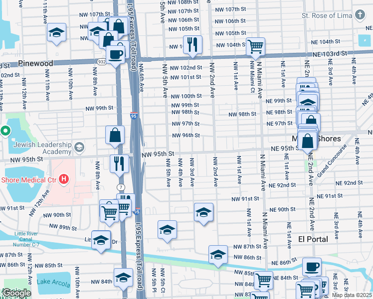map of restaurants, bars, coffee shops, grocery stores, and more near 9575 Northwest 3rd Avenue in Miami