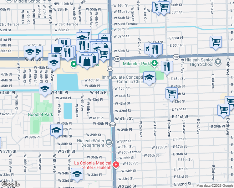 map of restaurants, bars, coffee shops, grocery stores, and more near 385 West 45th Street in Hialeah