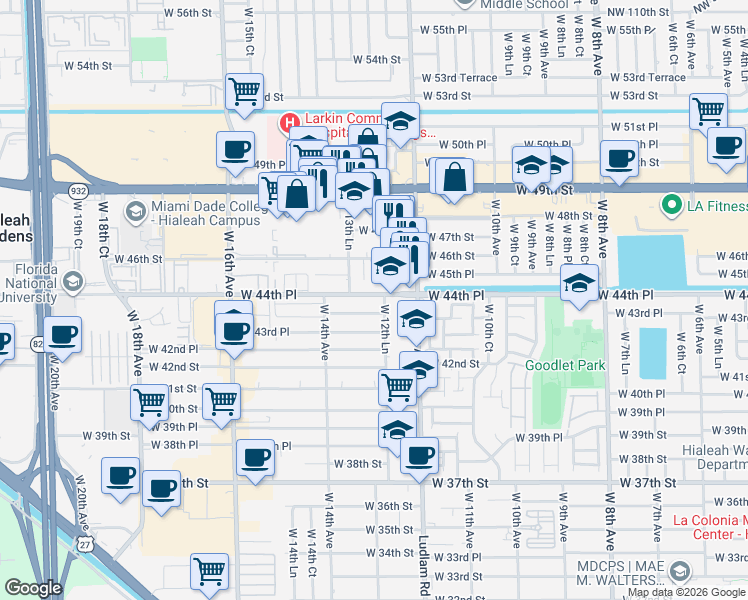 map of restaurants, bars, coffee shops, grocery stores, and more near 1280 West 46th Street in Hialeah