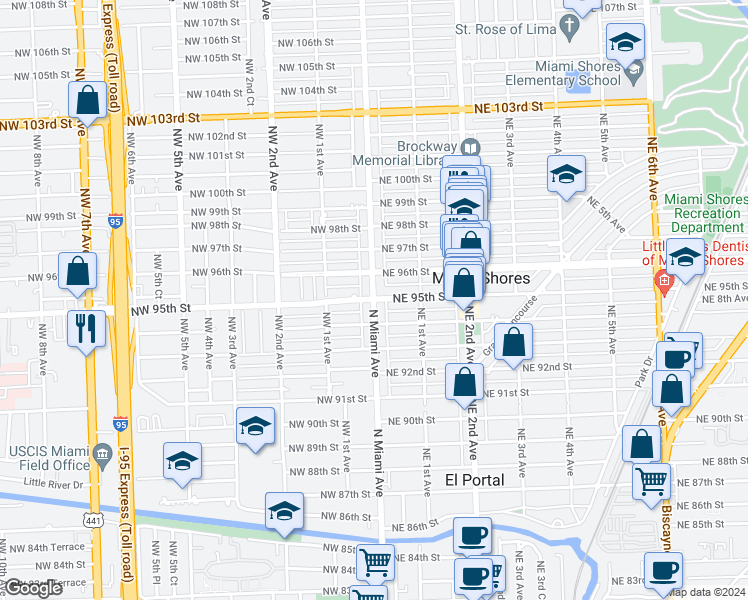 map of restaurants, bars, coffee shops, grocery stores, and more near 2 Northwest 95th Street in Miami