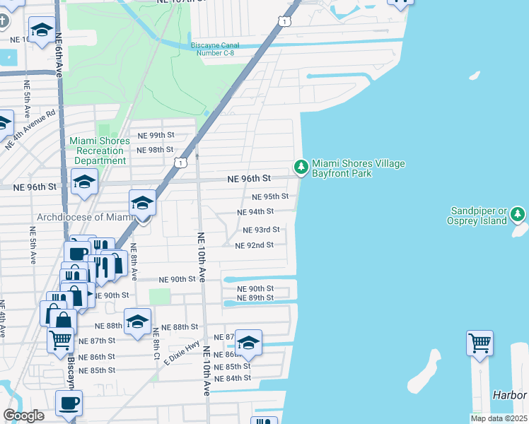 map of restaurants, bars, coffee shops, grocery stores, and more near 1218 Northeast 95th Street in Miami Shores