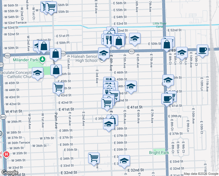 map of restaurants, bars, coffee shops, grocery stores, and more near 390 East 44th Street in Hialeah