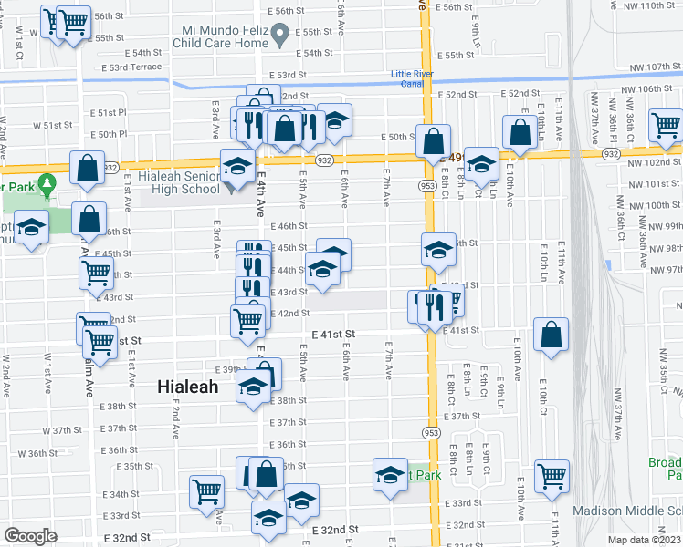 map of restaurants, bars, coffee shops, grocery stores, and more near 590 East 44th Street in Hialeah
