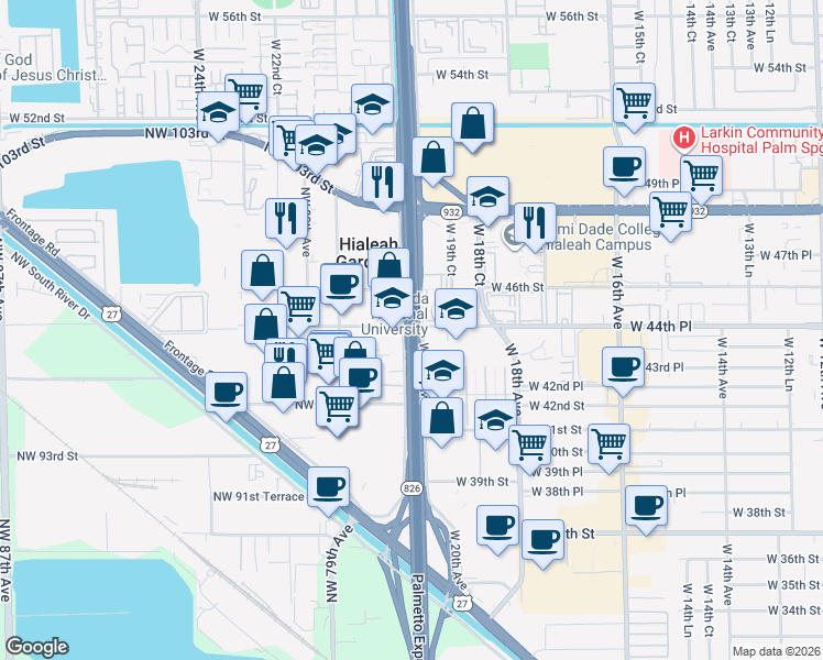 map of restaurants, bars, coffee shops, grocery stores, and more near Palmetto Expressway in Hialeah