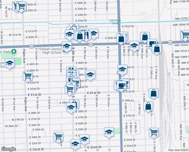 map of restaurants, bars, coffee shops, grocery stores, and more near 581 East 44th Street in Hialeah