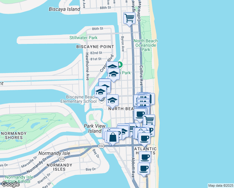 map of restaurants, bars, coffee shops, grocery stores, and more near 7742 Byron Avenue in Miami Beach