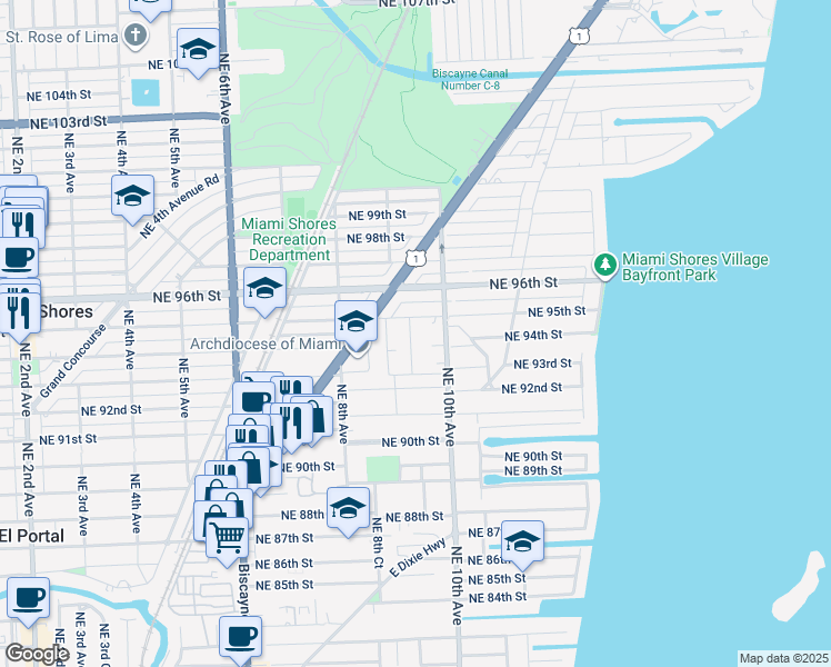 map of restaurants, bars, coffee shops, grocery stores, and more near 9377 Northeast 9th Place in Miami Shores