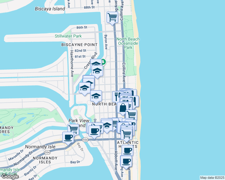 map of restaurants, bars, coffee shops, grocery stores, and more near 314 78th Street in Miami Beach