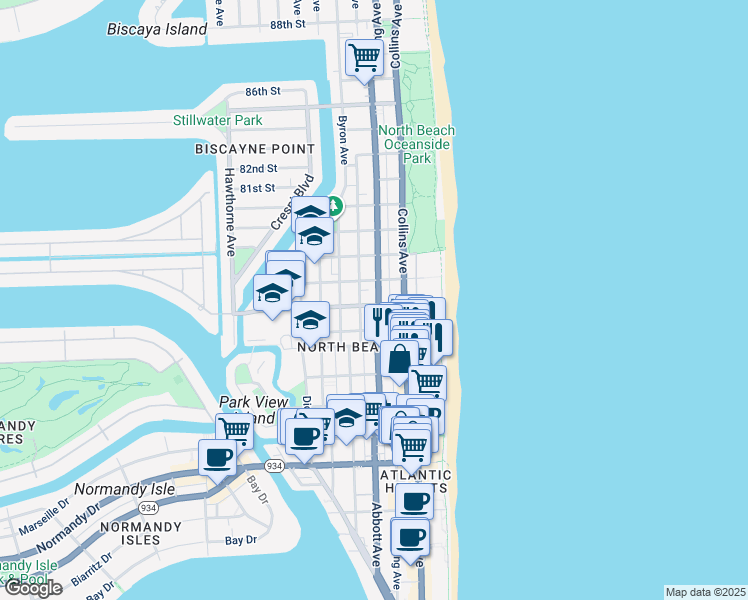map of restaurants, bars, coffee shops, grocery stores, and more near in Miami Beach