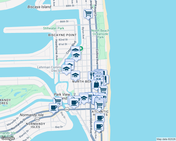 map of restaurants, bars, coffee shops, grocery stores, and more near in Miami Beach