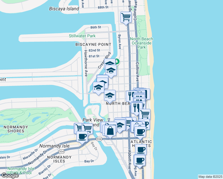 map of restaurants, bars, coffee shops, grocery stores, and more near 630 78th Street in Miami Beach