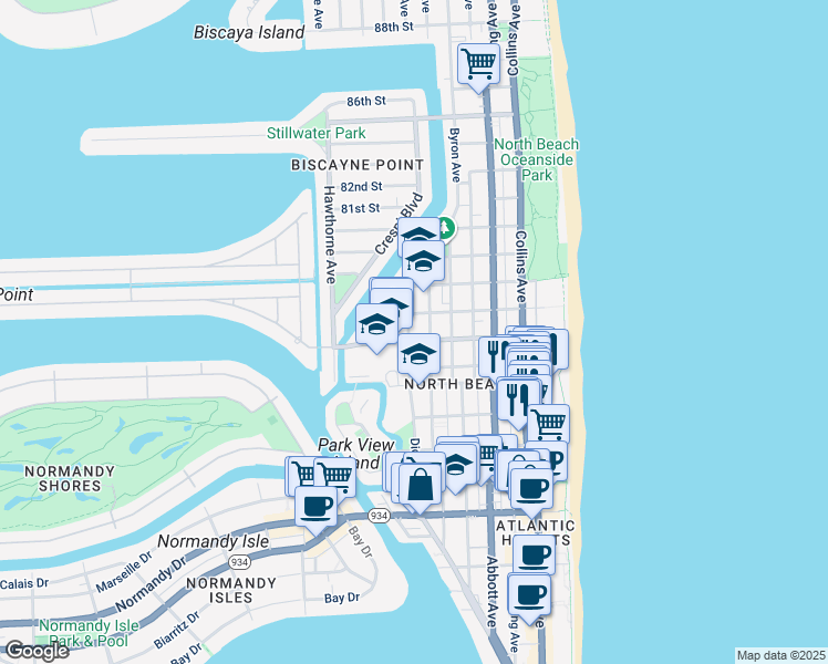 map of restaurants, bars, coffee shops, grocery stores, and more near 630 78th Street in Miami Beach