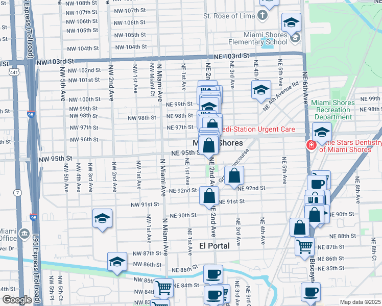 map of restaurants, bars, coffee shops, grocery stores, and more near 136 Northeast 96th Street in Miami Shores