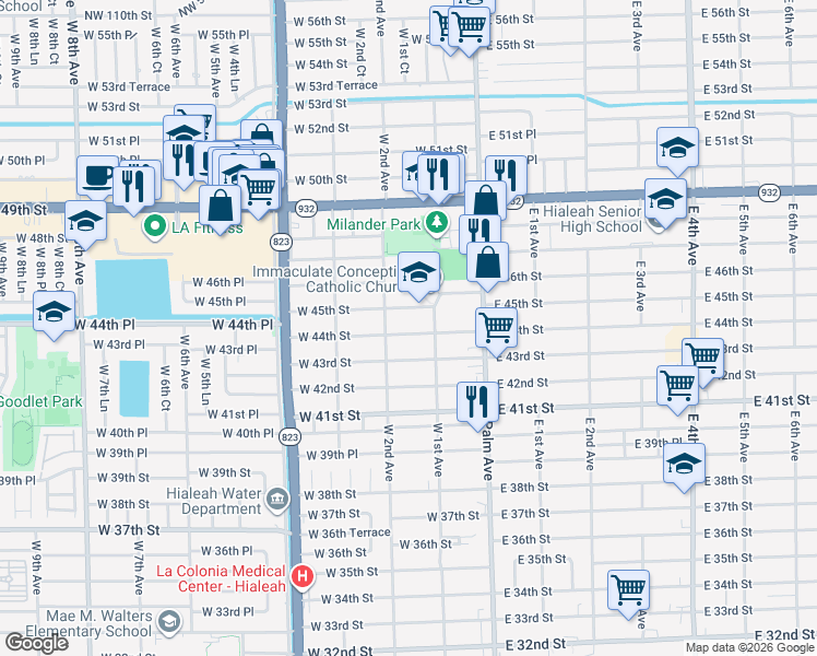map of restaurants, bars, coffee shops, grocery stores, and more near 152 West 45th Street in Hialeah