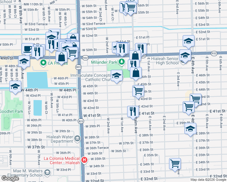 map of restaurants, bars, coffee shops, grocery stores, and more near 152 West 45th Street in Hialeah