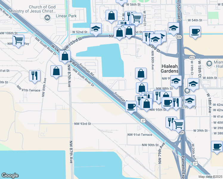 map of restaurants, bars, coffee shops, grocery stores, and more near 9811 West Okeechobee Road in Hialeah