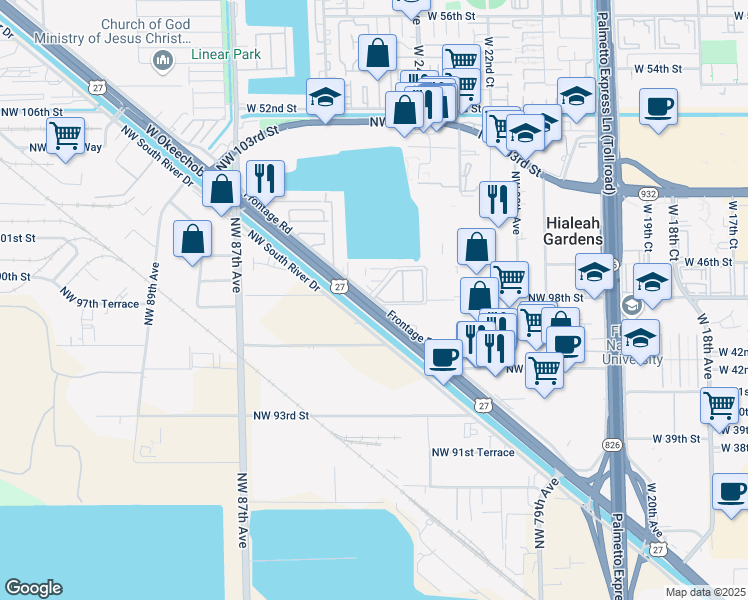 map of restaurants, bars, coffee shops, grocery stores, and more near 9807 West Okeechobee Road in Hialeah Gardens