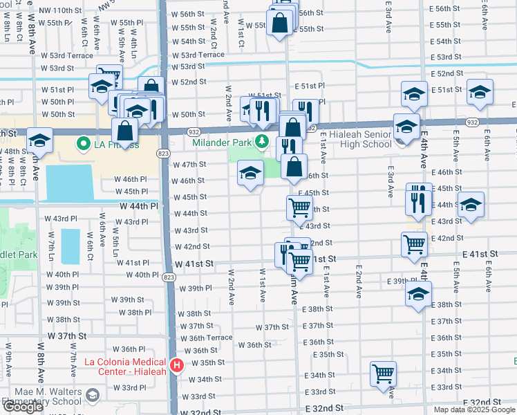 map of restaurants, bars, coffee shops, grocery stores, and more near 107 West 44th Street in Hialeah