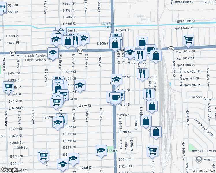 map of restaurants, bars, coffee shops, grocery stores, and more near 731 East 44th Street in Hialeah