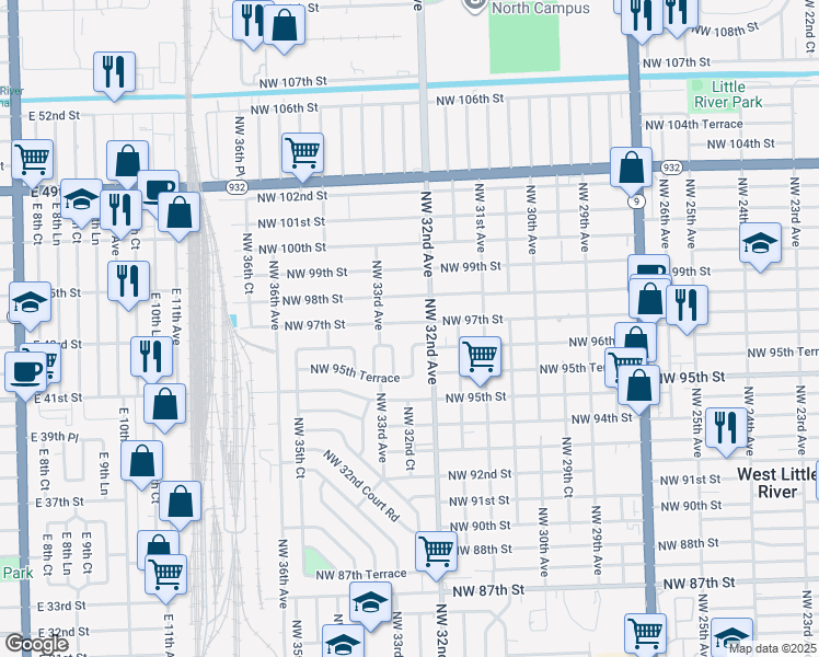 map of restaurants, bars, coffee shops, grocery stores, and more near 3236 Northwest 97th Street in Miami