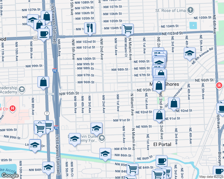 map of restaurants, bars, coffee shops, grocery stores, and more near 148 Northwest 96th Street in Miami Shores