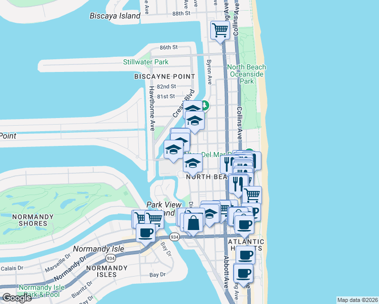 map of restaurants, bars, coffee shops, grocery stores, and more near 630 78th Street in Miami Beach