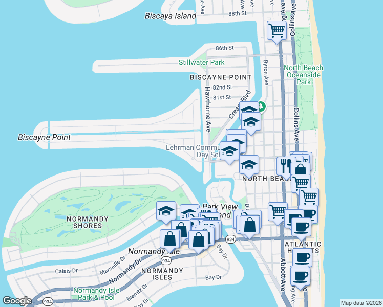 map of restaurants, bars, coffee shops, grocery stores, and more near 7758 Noremac Avenue in Miami Beach