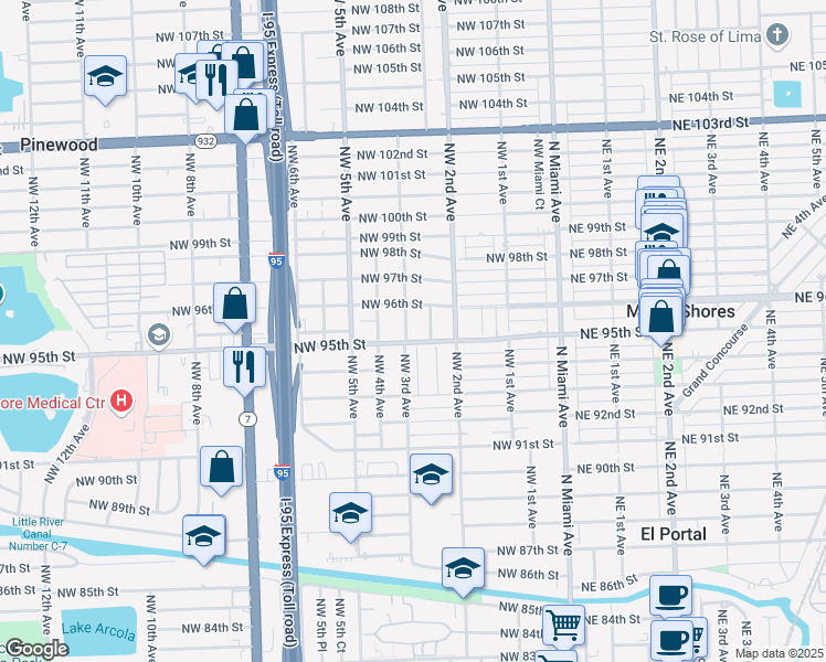 map of restaurants, bars, coffee shops, grocery stores, and more near 9511 Northwest 3rd Avenue in Miami